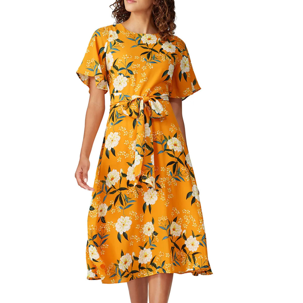 Rachel Roy Mustard Yellow White Floral Midi Dress XXL Work Satin Designer $139